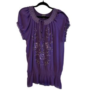 Dots Womens XL Purple Embroidered Smocked Peasant Blouse Short Sleeve Boho Top